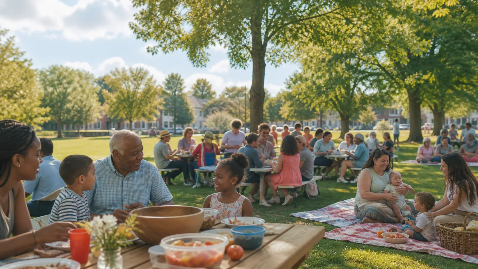 Families and friends sharing a meal at a sunny park picnic