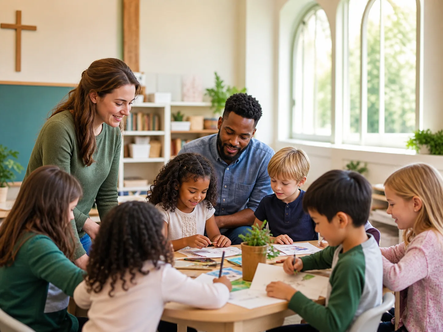 Children learning together in a bright church classroom