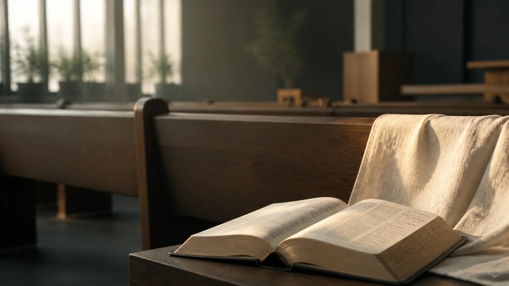 Morning light falling across an open Bible in a church pew