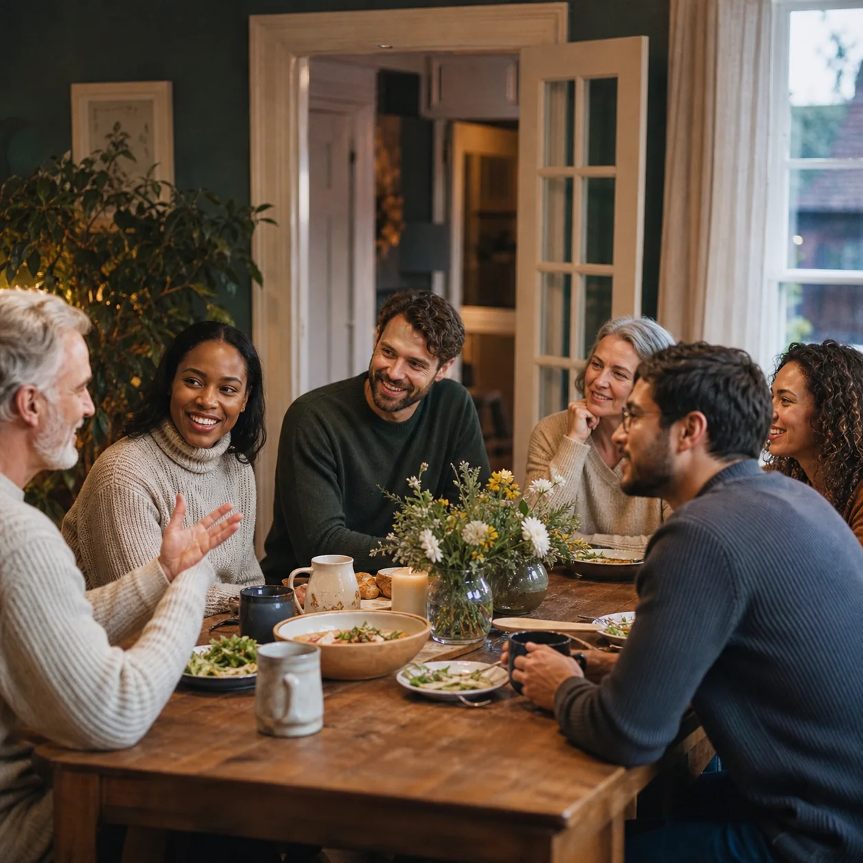 Friends sharing a meal and conversation around a table